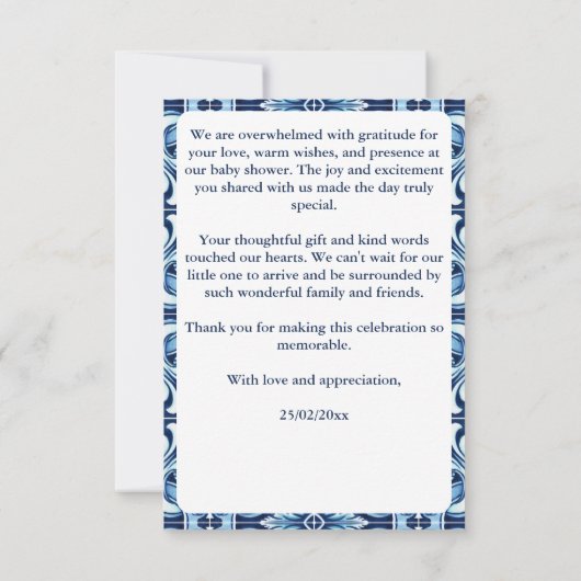 青いタイルとレモンアマルフィポジターノ赤ちゃんシャワー サンキューカード (裏面)