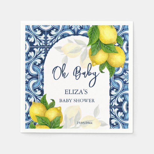 青いタイルとレモンアマルフィポジターノ赤ちゃんシャワー スタンダードカクテルナプキン (正面)