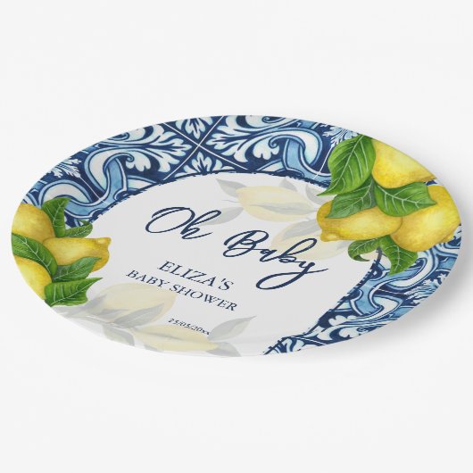 青いタイルとレモンアマルフィポジターノ赤ちゃんシャワー ペーパープレート (アングル)