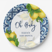 青いタイルとレモンアマルフィポジターノ赤ちゃんシャワー ペーパープレート (正面)
