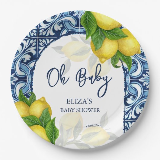 青いタイルとレモンアマルフィポジターノ赤ちゃんシャワー ペーパープレート (正面)