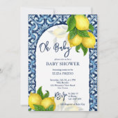 青いタイルとレモンアマルフィポジターノ赤ちゃんシャワー 招待状 (正面)