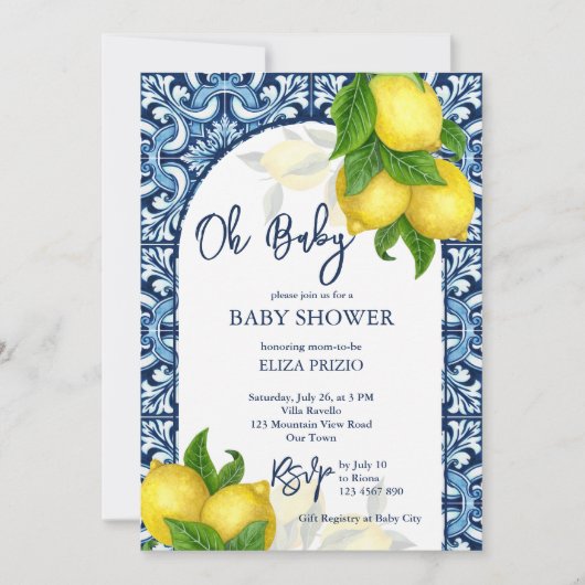 青いタイルとレモンアマルフィポジターノ赤ちゃんシャワー 招待状 (正面)