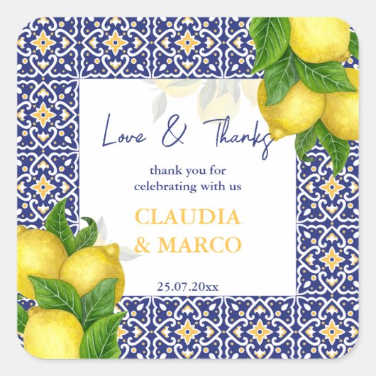 青いタイルとレモン アマルフィ ポジターノ ありがとう スクエアシール (正面)