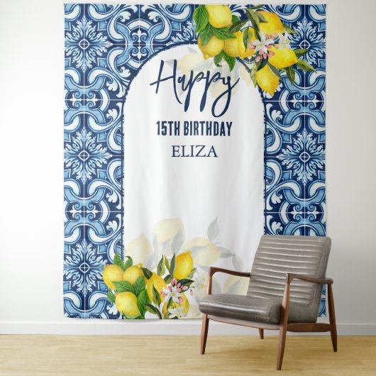 青いタイルとレモン イタリア アマルフィ ハッピー バースデー タペストリー (インサイチュ)