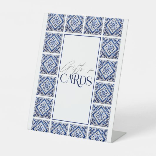 青いタイルのギフトカード地中海のブライダルシャワー 台座サイン (正面)