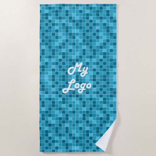青いタイルのビジネスロゴ ビーチタオル (正面)