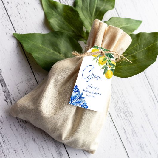 青いタイルのレモンイタリアンブライダルシャワーの好意 ギフトタグ