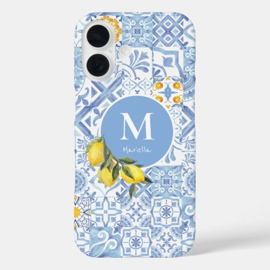 青いタイルのレモンフルーツモノグラム Case-Mate iPhoneケース (裏面)