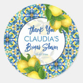 青いタイルのレモン アマルフィ ポジターノ ブライダルシャワーのお祝い ラウンドシール (正面)