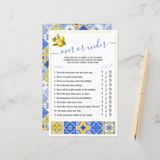 青いタイルの上または下レモンブライダルシャワーゲーム (正面/裏面インサイチュ)