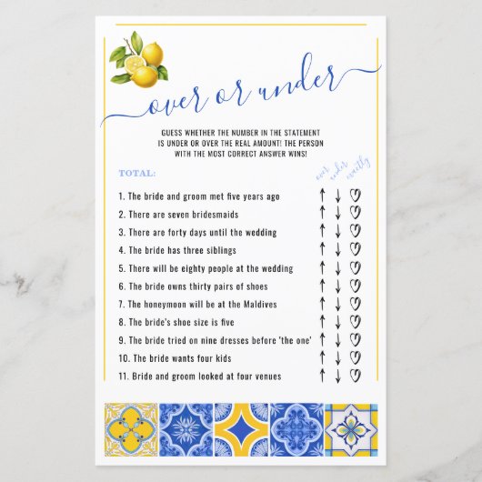 青いタイルの上または下レモンブライダルシャワーゲーム (正面)