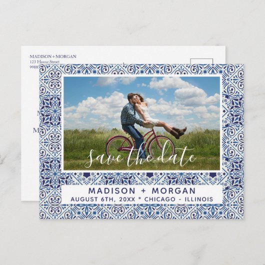 青いタイルの写真の保存日付 案内ポストカード (正面/裏面)