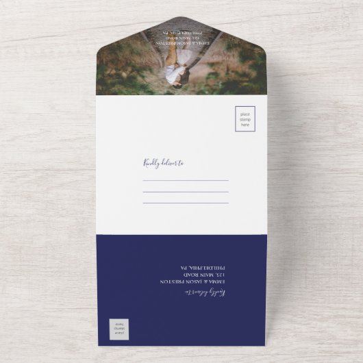 青いタイルの結婚式招待状すべて1枚の2枚の写真 オールインワン招待状 (外側)