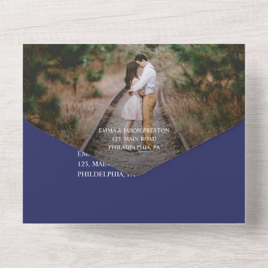 青いタイルの結婚式招待状すべて1枚の2枚の写真 オールインワン招待状 (裏面)