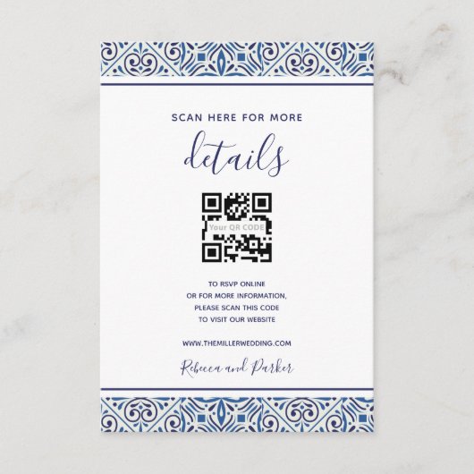 青いタイルの結婚詳細QRコード挿入カード エンクロージャーカード (正面)