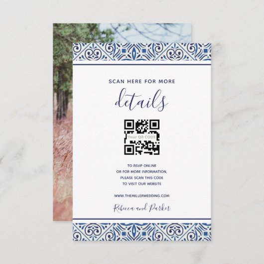 青いタイルの結婚詳細QRフォト挿入カード エンクロージャーカード (正面/裏面)