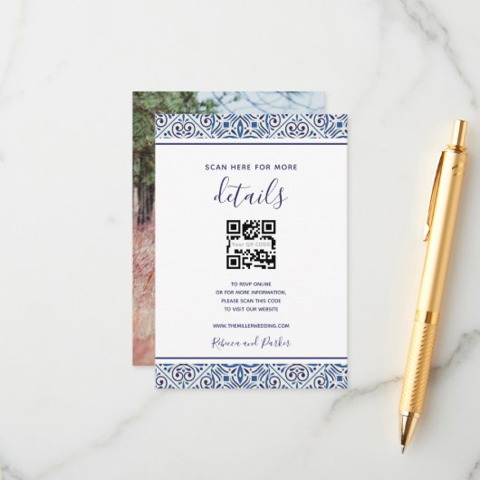 青いタイルの結婚詳細QRフォト挿入カード エンクロージャーカード (正面/裏面インサイチュ)