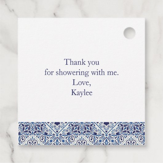 青いタイルの ブライダルシャワーのお茶のお土産タグ フェイバータグ (裏面)
