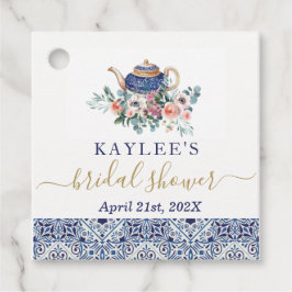 青いタイルの ブライダルシャワーのお茶のお土産タグ フェイバータグ