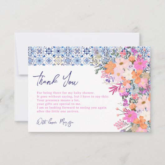 青いタイルイタリアン水の色のフローラ赤ちゃんシャワー サンキューカード (正面)