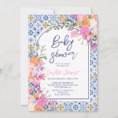 青いタイルイタリアン水の色のフローラ赤ちゃんシャワー 招待状 (正面)