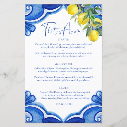 青いタイルレモンのヴィンテージイタリアンメニューカード (正面)