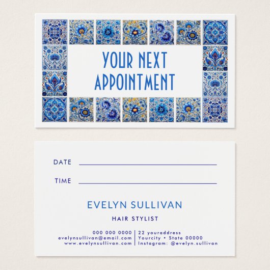 青いタイル地中海ののフレームアポイントメントカード (正面&裏面)