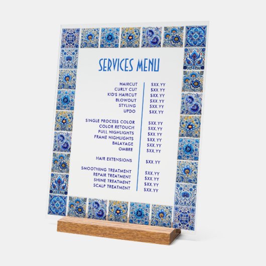 青いタイル地中海のフレームサービスメニュー アクリルサイン (傾斜)