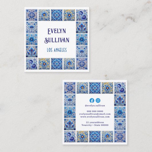 青いタイル地中海のフレーム名刺 スクエア名刺 (正面/裏面)