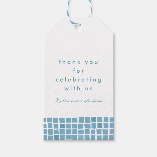 青いタイル枠ギリシャ結婚人の感謝してい好み ギフトタグ (正面)