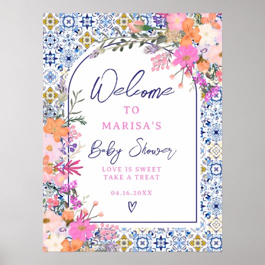 青いタイル水の色ワイルドフラワーベビーへようこそ ポスター (正面)