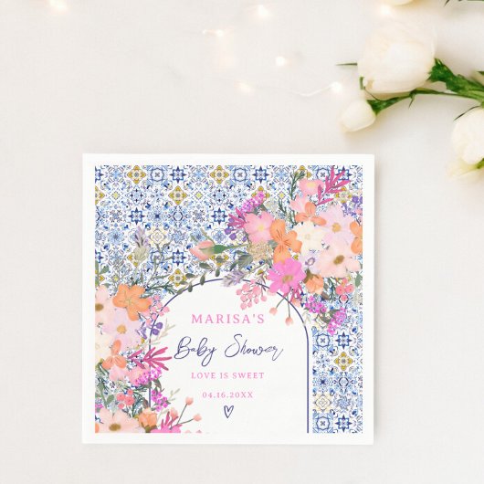 青いタイル水の色ワイルドフラワーベビーシャワー スタンダードカクテルナプキン