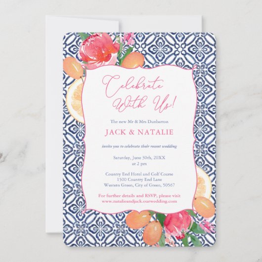 青いタイル鮮やかな花模様と祝柑橘類私達 招待状 (正面)