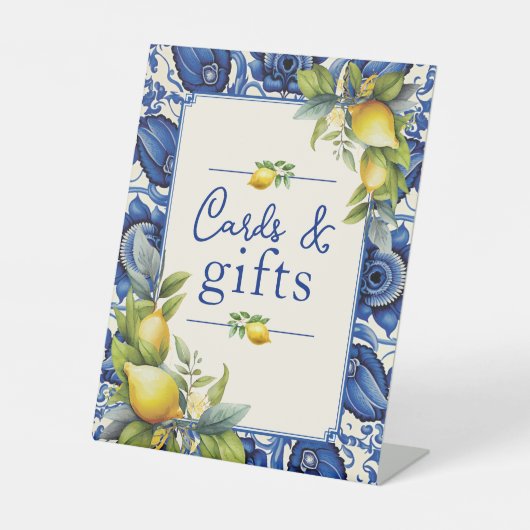 青いタイル黄色いレモンのカードとギフト 台座サイン (正面)