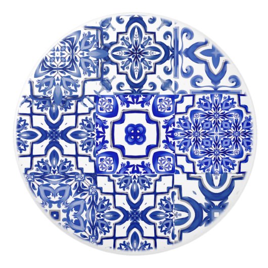 青いタイル，モザイク，マジョリカ， セラミックノブ (正面)