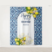 青いタイル レモン イタリア アマルフィ ハッピーバースデー タペストリー (正面)