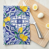 青いタイル，地中海のタイル，マジョリカ キッチンタオル (四つ折り)