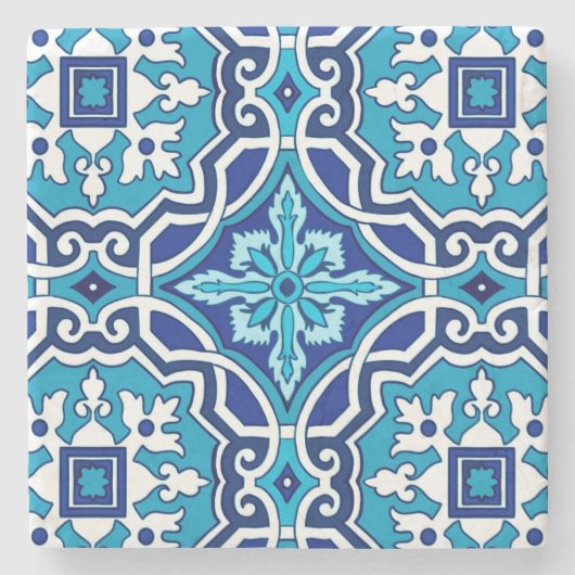 青いタイル，地中海のタイル，マジョリカ ストーンコースター (正面)