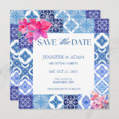 青いタイルBougainvilleaフローラ日付を保存 招待状 (正面/裏面)
