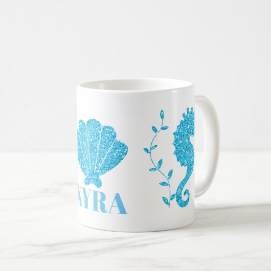 青いタツノオトシゴおよび貝殻は一流のマグを加えます コーヒーマグカップ (正面右)