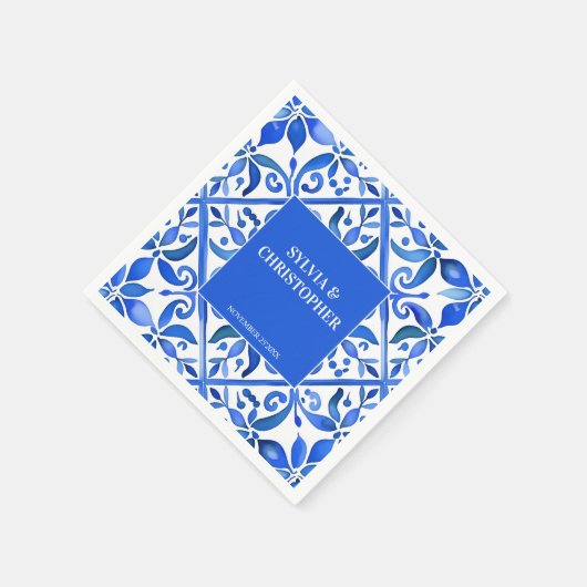 青いタラベスペインのラのタイルが一つ結婚に スタンダードカクテルナプキン (角)