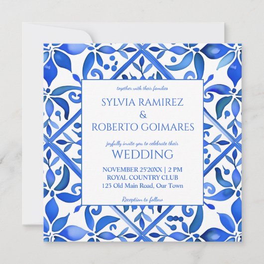 青いタラベスペインのラのタイルが一つ結婚に 招待状 (正面)
