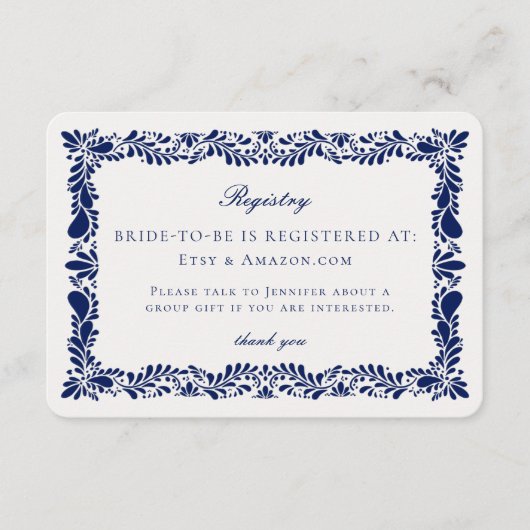 青いタラベラのタイルのレジストリカード招待状の挿入 エンクロージャーカード (正面)