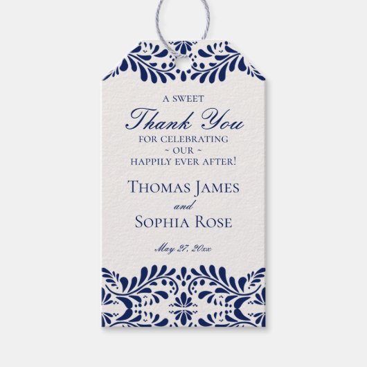 青いタレヴェラ・タイルを使ったフィエスタ・ウェディング・パーティーのギフト ギフトタグ (正面)