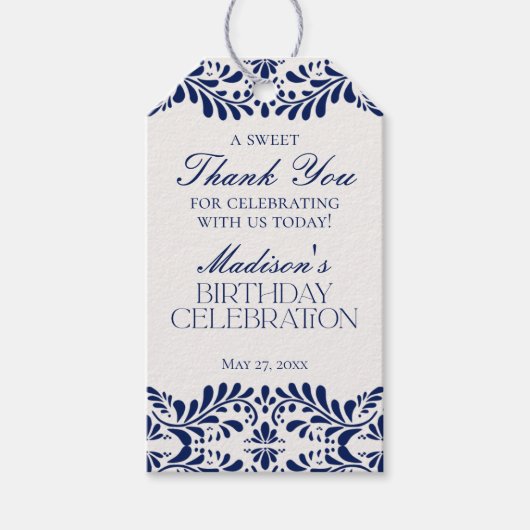 青いタレヴェラ・タイルを使ったフィエスタ・バースデー・パーティーのお土産 ギフトタグ (正面)