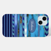 青いターコイズのパターストライプンと名前 Case-Mate iPhoneケース (裏面 (横))