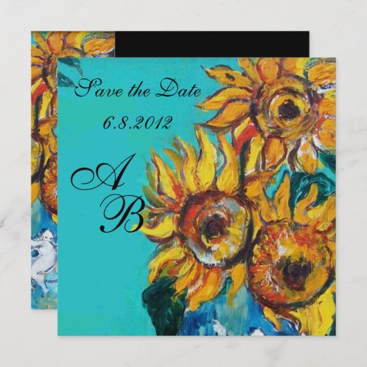 青いターコイズのヒマワリ夏パーティーモノグラム 招待状 (正面/裏面)