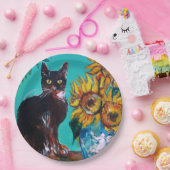 青いターコイズの中の黒猫とひまわり ペーパープレート (パーティー)