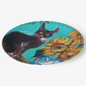 青いターコイズの中の黒猫とひまわり ペーパープレート (アングル)